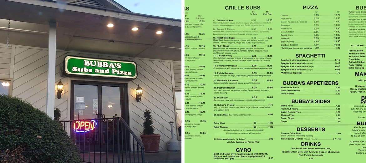 Bubba's Subs and Pizza Menu