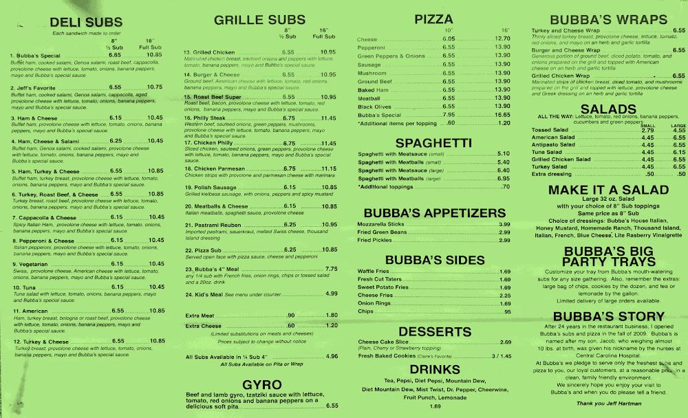 Bubba's Subs and Pizza Menu image 1